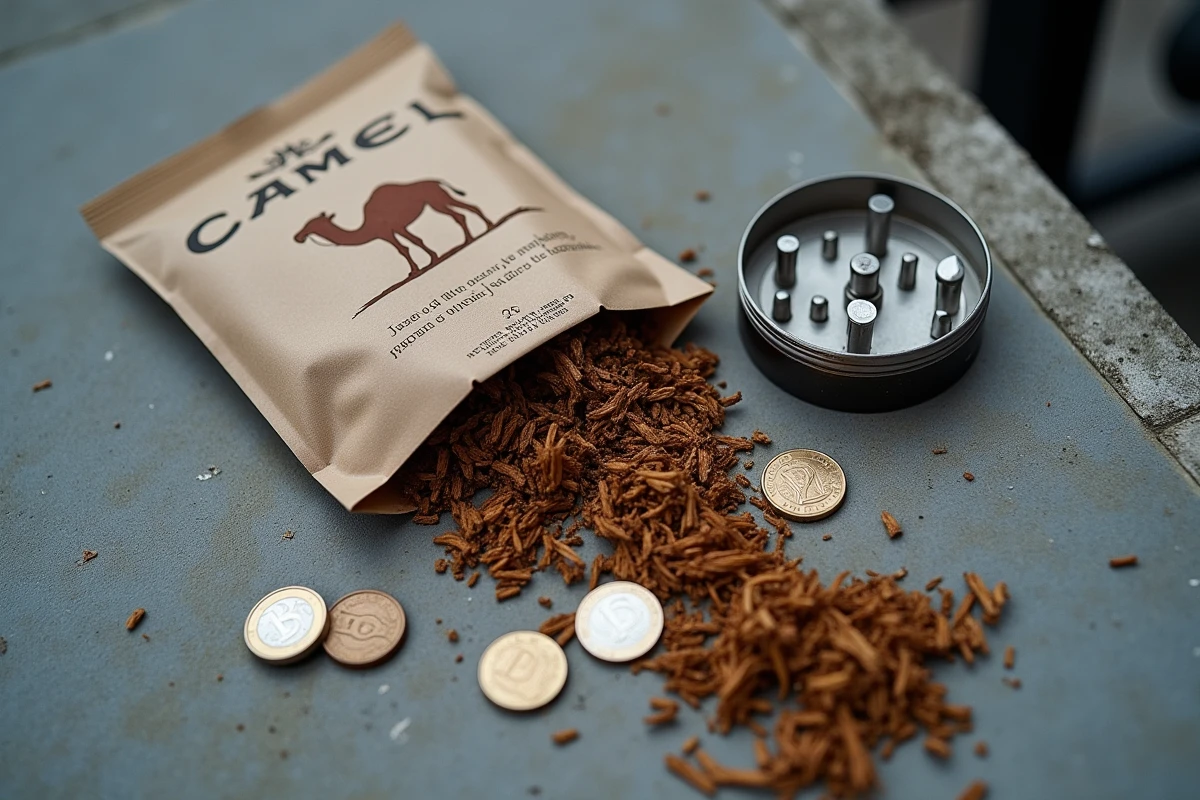 Flat lay du sachet de tabac à rouler Camel 30g avec pièces de monnaie et accessoires de roulage sur béton
