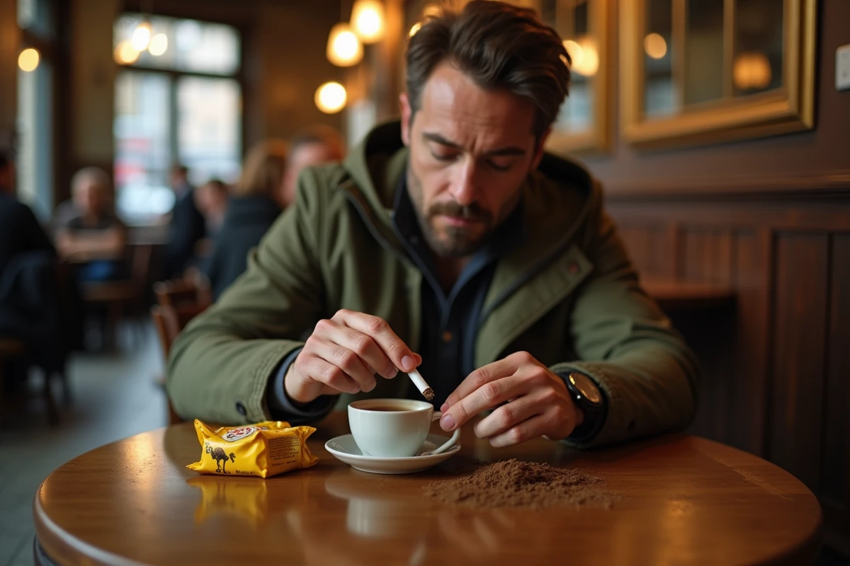 Homme roulant une cigarette avec du tabac Camel 30g dans un café français, sachet jaune posé sur table en bois