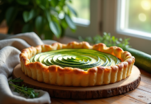 Tarte courgette et chèvre fraîche sortie du four sur une table en bois