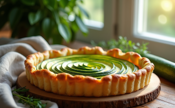 Le secret d’une bonne tarte à la courgette et au chèvre Tarte courgette et chèvre fraîche sortie du four sur une table en bois