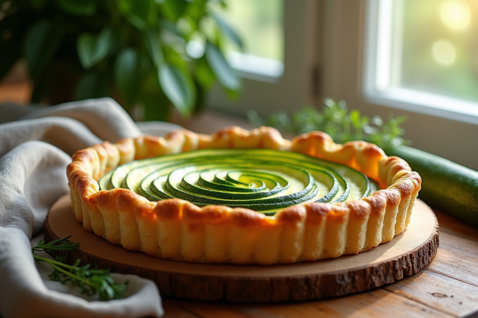 Tarte courgette et chèvre fraîche sortie du four sur une table en bois