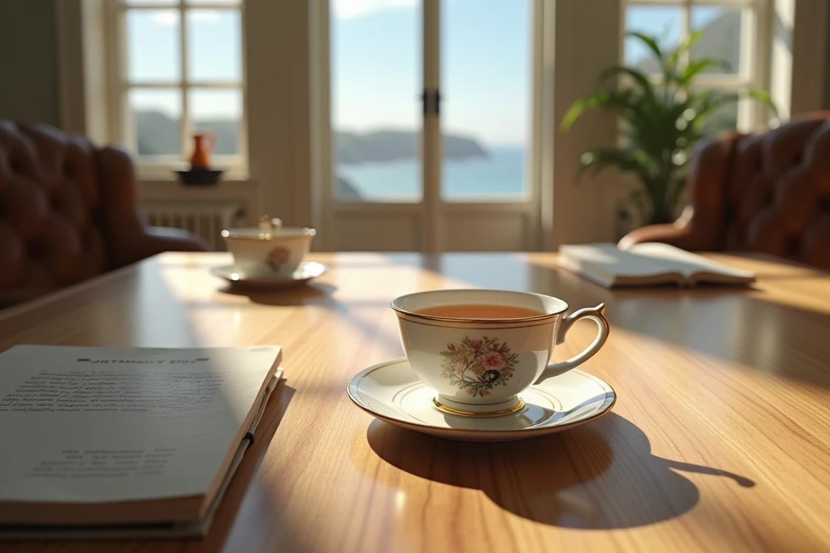 Tasse en porcelaine sur une table en bois avec motifs marins
