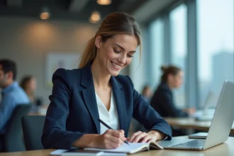 Femme professionnelle prenant des notes en anglais dans un bureau moderne, illustrant la traduction de tips en contexte professionnel
