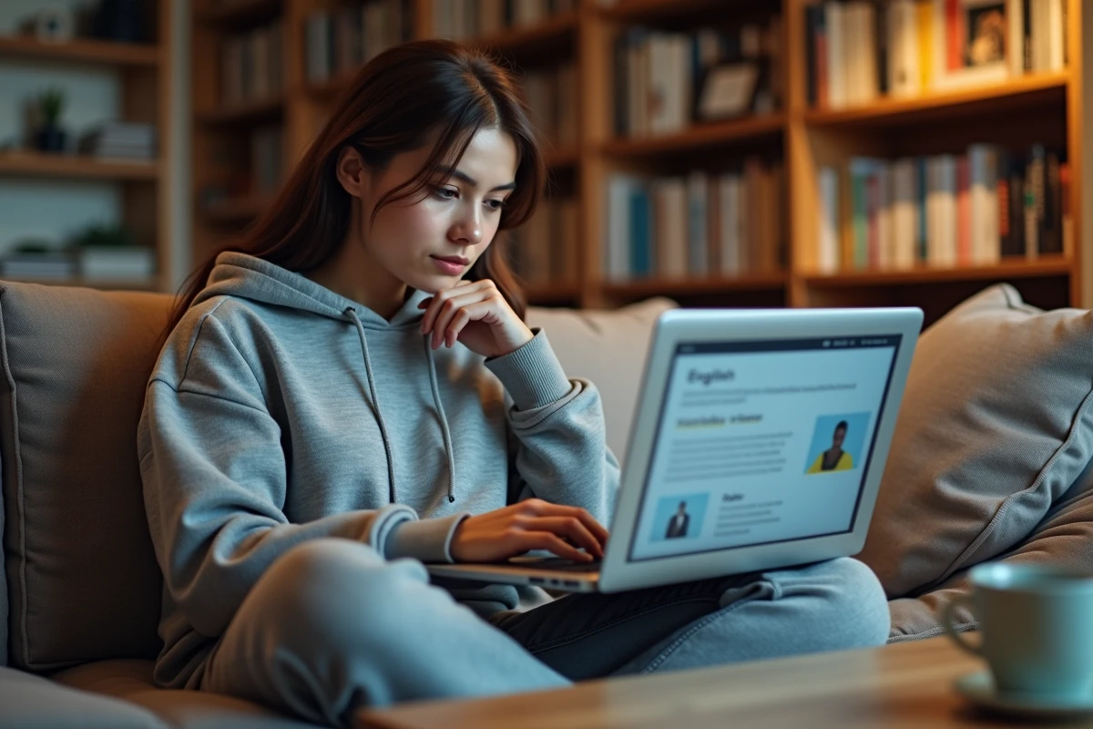 Jeune femme chez elle consultant un site internet en anglais pour comprendre la signification et la traduction du mot tips