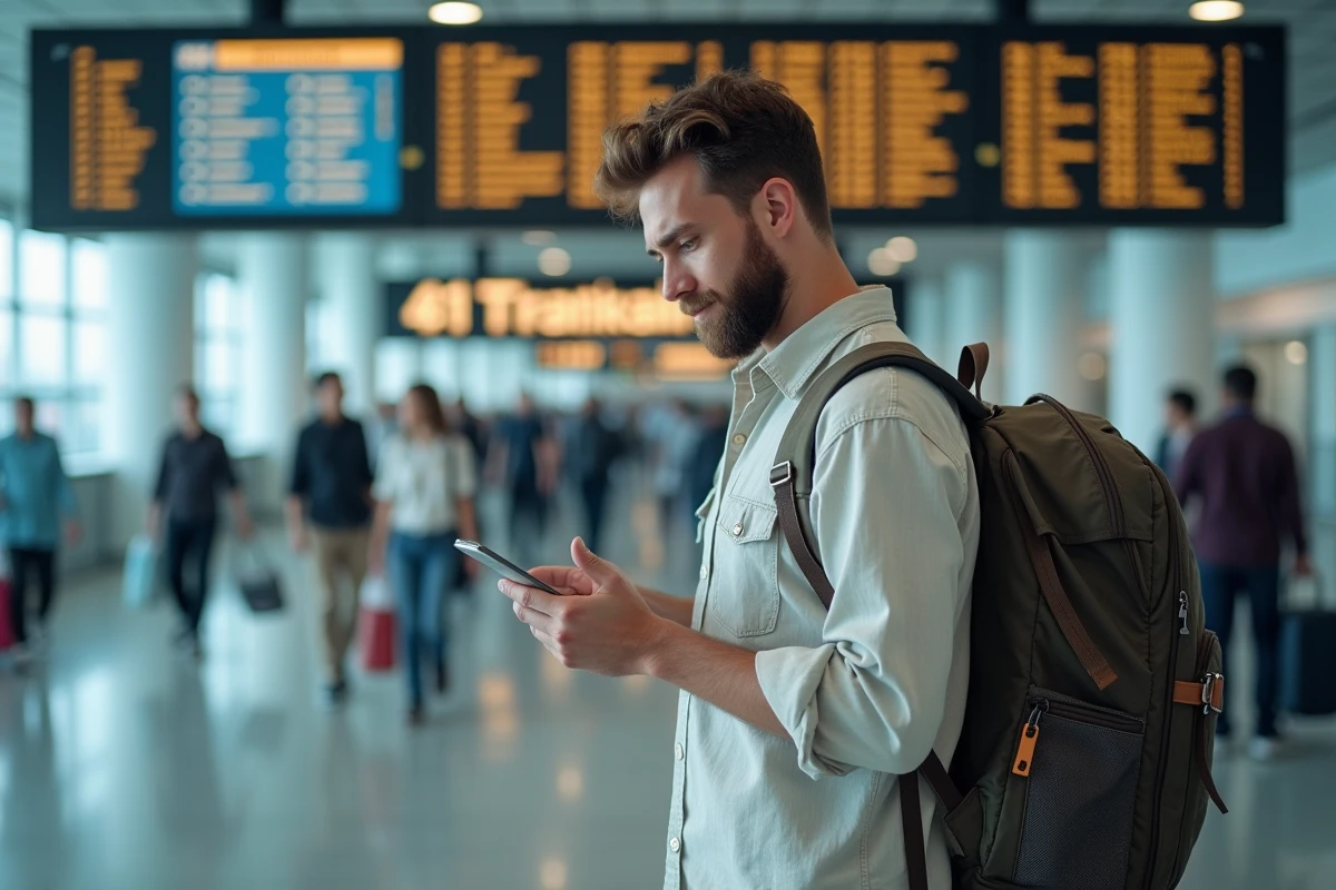 Voyageur consultant son téléphone dans un aéroport international pour comprendre des tips en anglais lors d'un voyage