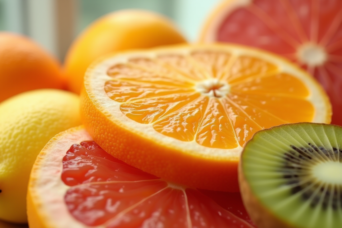 Tranches de citrus et kiwi avec pulpe juteuse en gros plan
