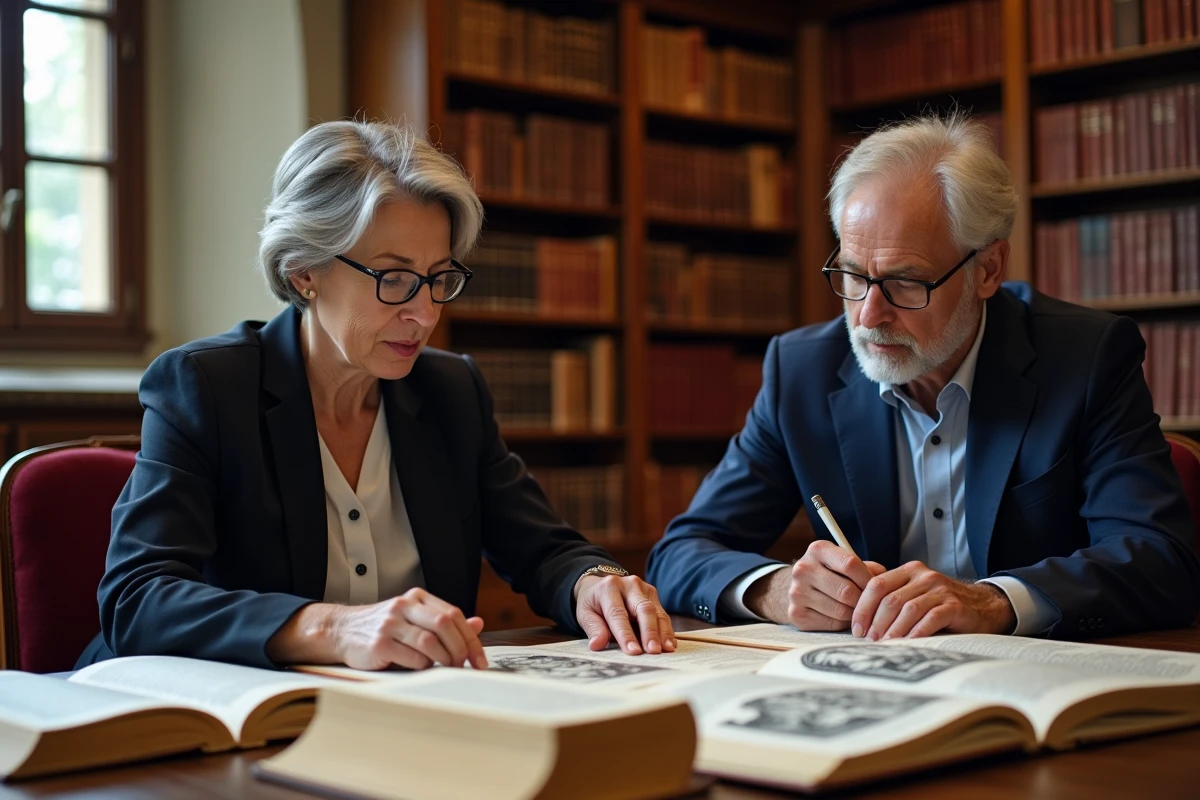 Deux universitaires étudiant le mythe de Prométhée autour de livres illustrés de mythologie grecque