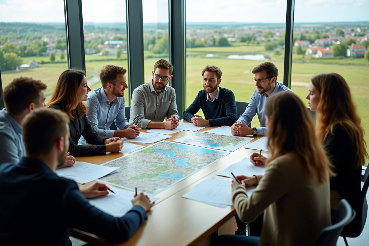 Groupe d urbanistes discutant autour de cartes en intérieur