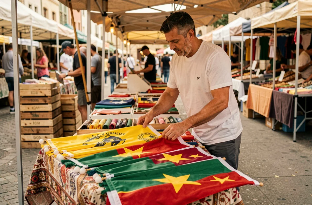 Vendeur de marché arrangeant une collection de drapeaux décoratifs jaune, vert et rouge avec étoile sur un étal extérieur