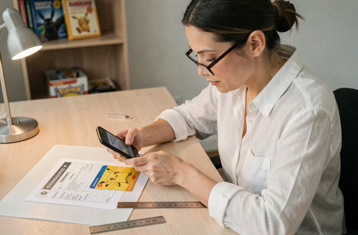 Femme adulte vérifiant l'authenticité d'une carte Pokémon Pikachu rare à l'aide d'une checklist et de son smartphone