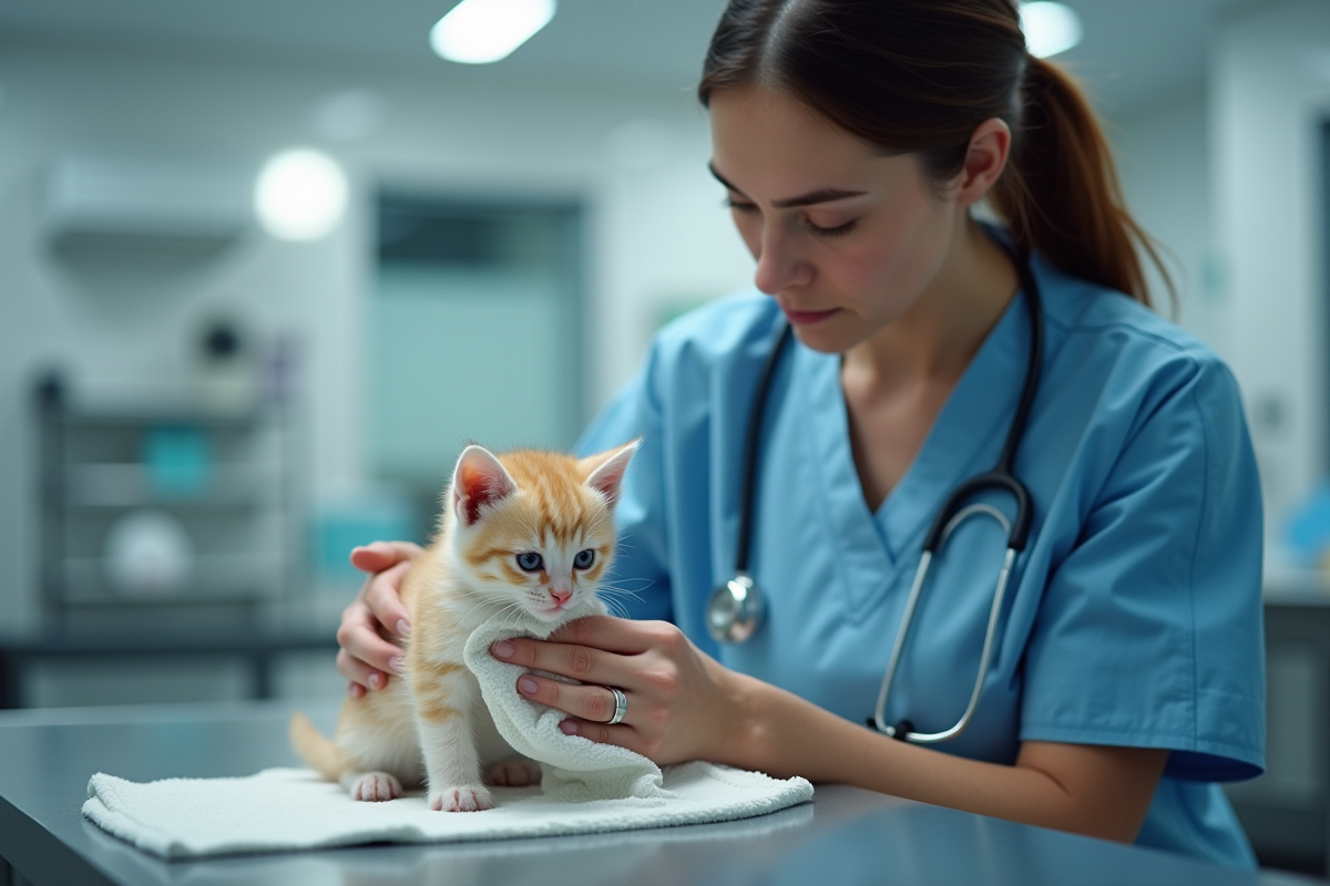 Vétérinaire séchant un chaton mouillé dans une clinique moderne