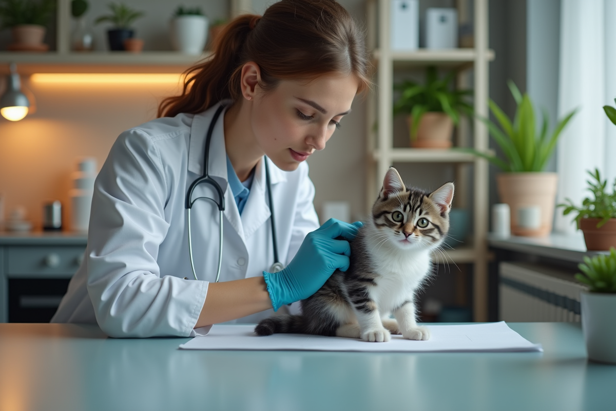 Vétérinaire examinant un chaton gris et blanc sur une table