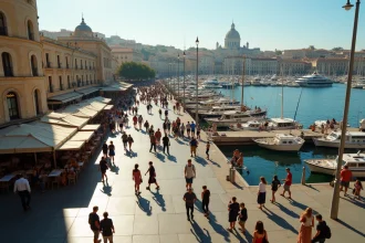 Vue panoramique du Vieux-Port de Marseille avec une foule dense de piétons illustrant la densité urbaine et la démographie de la ville