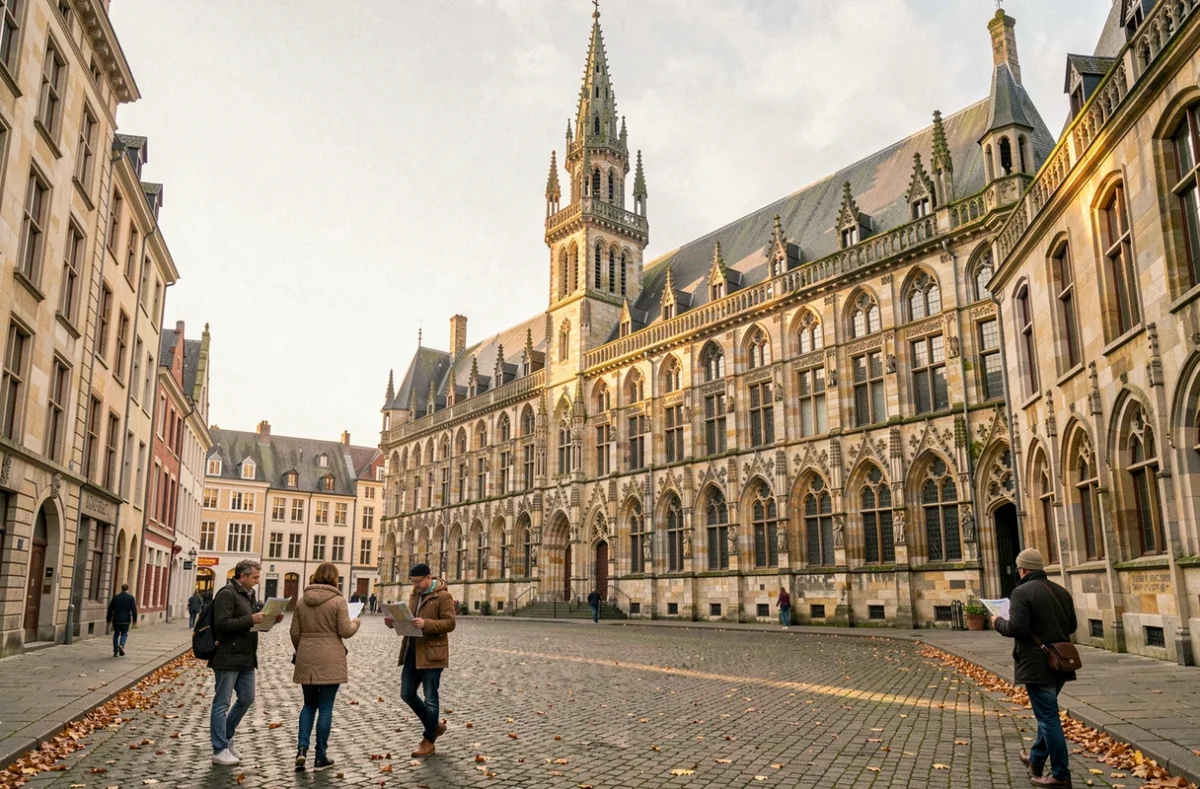 Place principale d'une ville belge de 4 lettres avec architecture gothique et pavés historiques