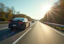 Voiture lente sur une autoroute en journée en gros plan