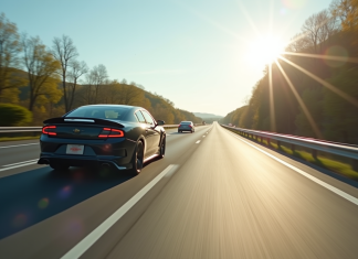 Voiture lente sur une autoroute en journée en gros plan