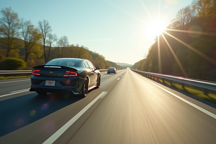 Voiture lente sur une autoroute en journée en gros plan