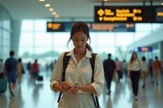 Voyageuse fatiguée vérifiant l'heure sur sa montre à son arrivée à l'aéroport de Singapour après un long vol