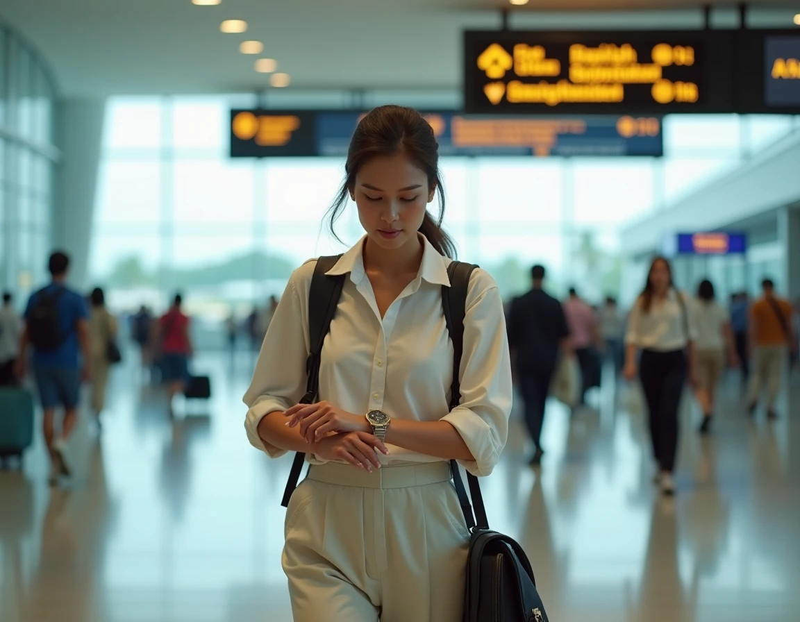 Voyageuse fatiguée vérifiant l'heure sur sa montre à son arrivée à l'aéroport de Singapour après un long vol