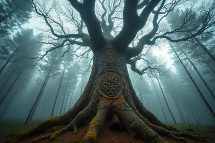 Vue en contre-plongée d'un grand chêne ancestral gravé de runes nordiques au cœur d'une forêt brumeuse scandinave, symbole de l'Yggdrasil