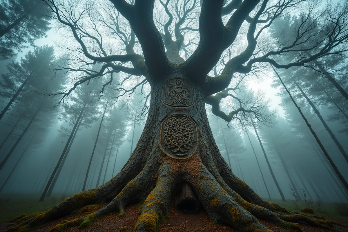 Vue en contre-plongée d'un grand chêne ancestral gravé de runes nordiques au cœur d'une forêt brumeuse scandinave, symbole de l'Yggdrasil