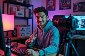 Youtubeur masculin filmant une vidéo dans son studio maison entouré de produits placés et de merchandising