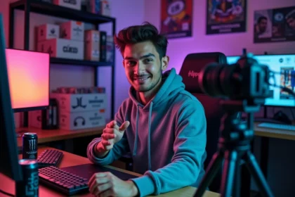 Youtubeur masculin filmant une vidéo dans son studio maison entouré de produits placés et de merchandising